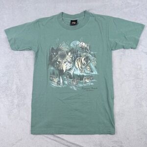 Vintage Prairie Mountain Wolf Graphic T Shirt Green Single Stitch Oklahoma M